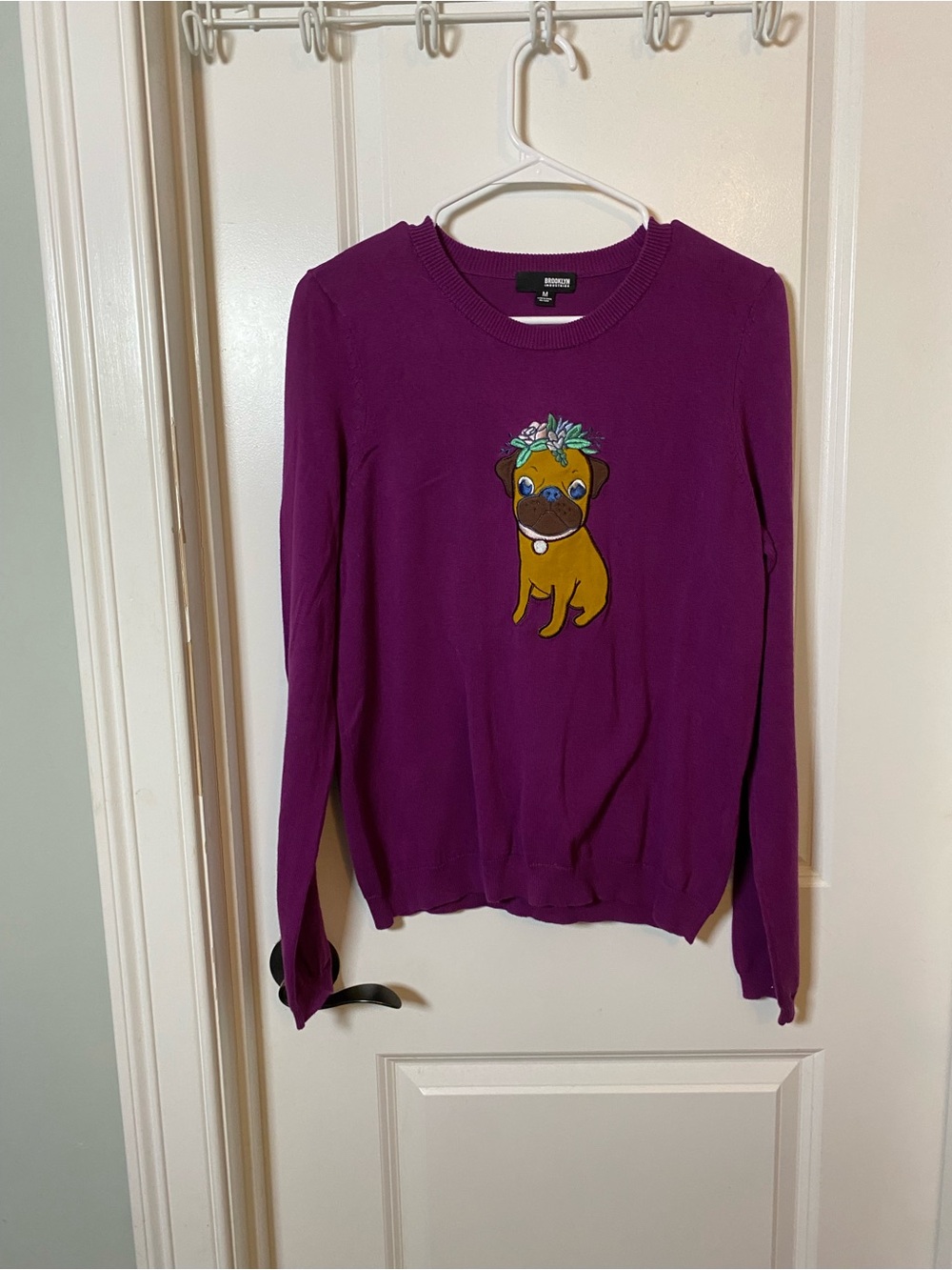 Brooklyn Industries Purple Crewneck Sweater with Pug Patch